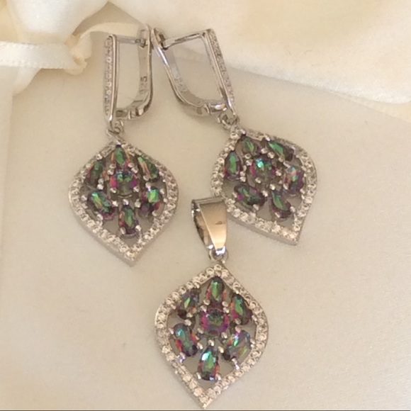 Sterling Silver Rainbow Mystic Topaz Necklace/ Earrings set  925 - Picture 2 of 8